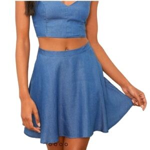 Women's M Lulus Accompany Me Chambray Skirt Skater Blue Flare Fun